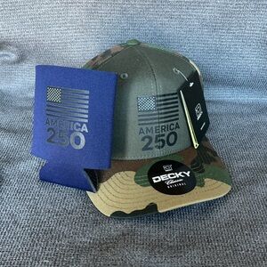 Camoflauge Trucker Hat & Koozie America 250 - discreet black graphic - w/ flag